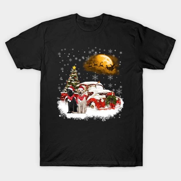 Red Truck Xmas Tree Two Labradors Christmas T-Shirt by Benko Clarence